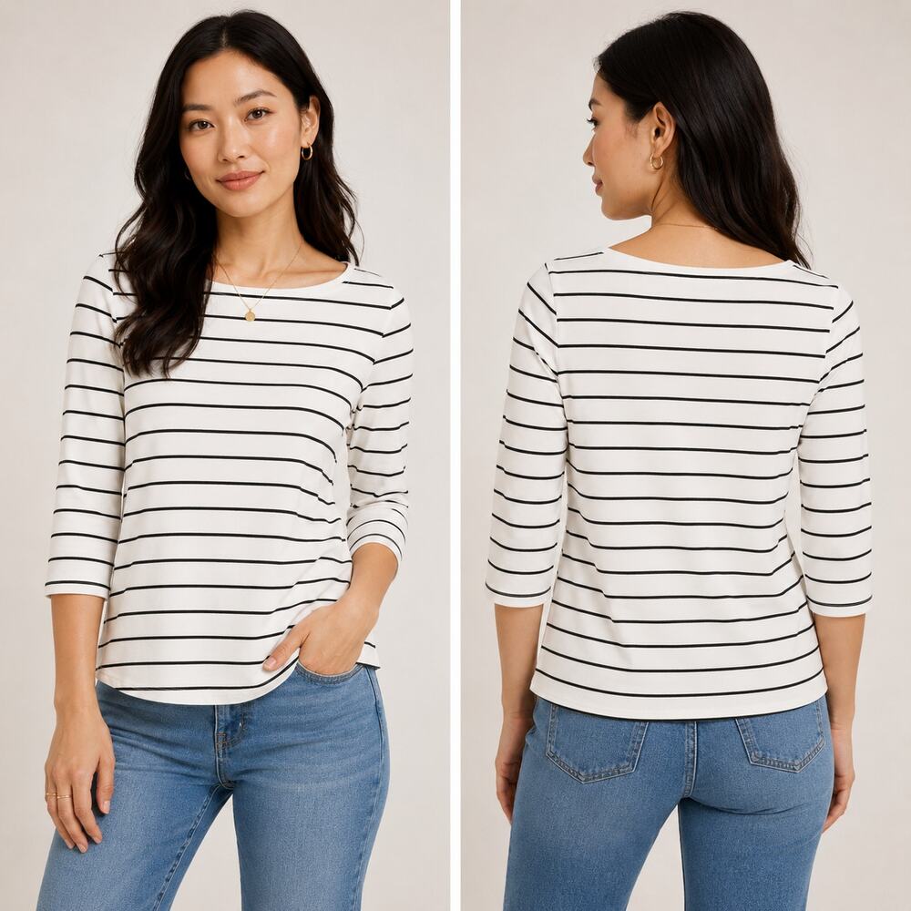 Garnet Hill Stripe Boat Neck Top XS‎ White Black 3/4 Sleeve Coastal Classic